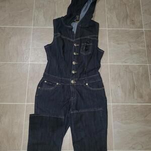 Vintage Rocawear Dark wash denim jumpsuit/romper with hoodie